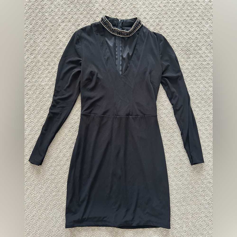 Jodi Kristopher Black Long Sleeve Dress with Beaded Neckline and v neck chest